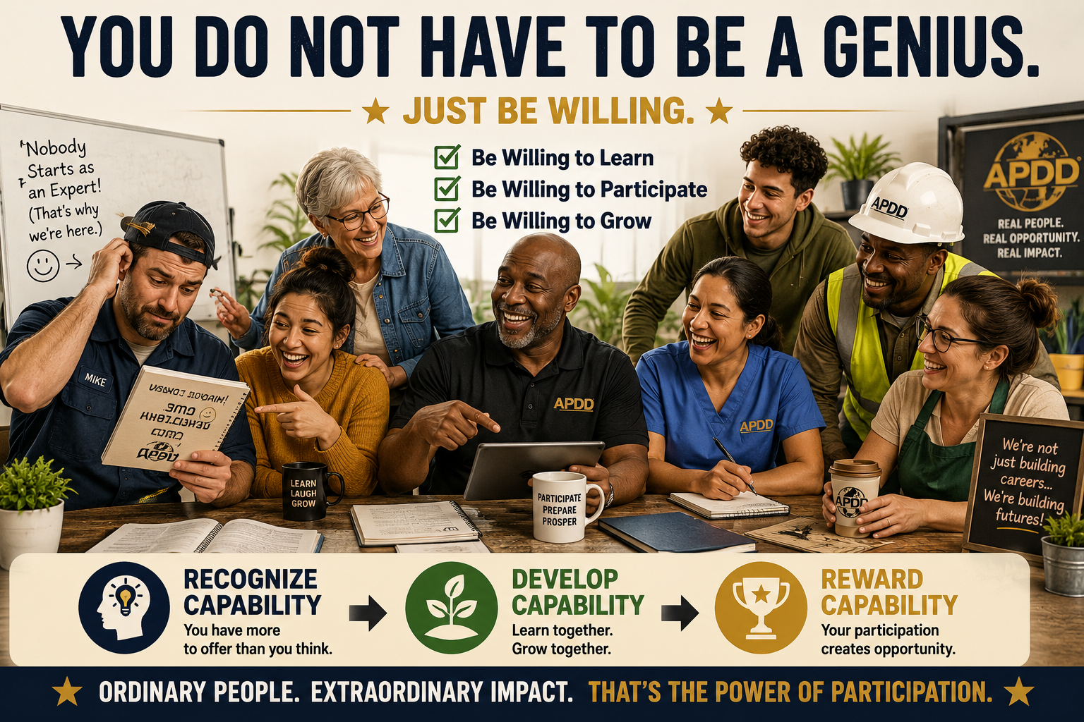 APDD participation visual showing ordinary people learning together, developing capability, and using advanced tools without needing to be technical experts