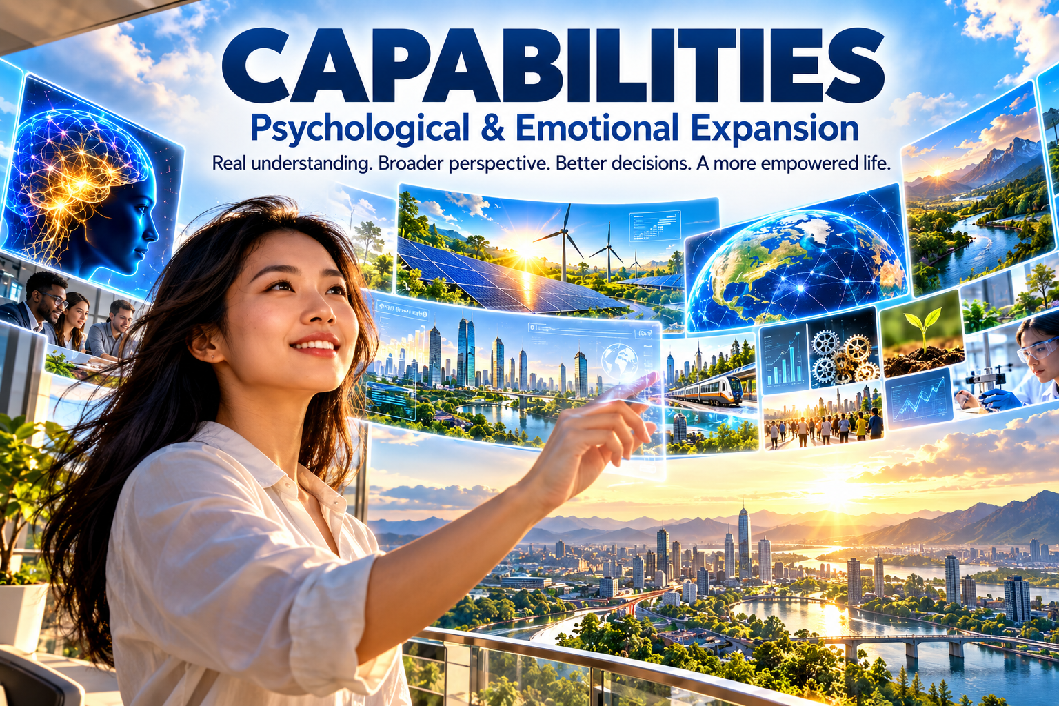 APDD Capabilities visual illustrating psychological and emotional expansion through broader perspective, knowledge, technology, clean energy, community and the surrounding world