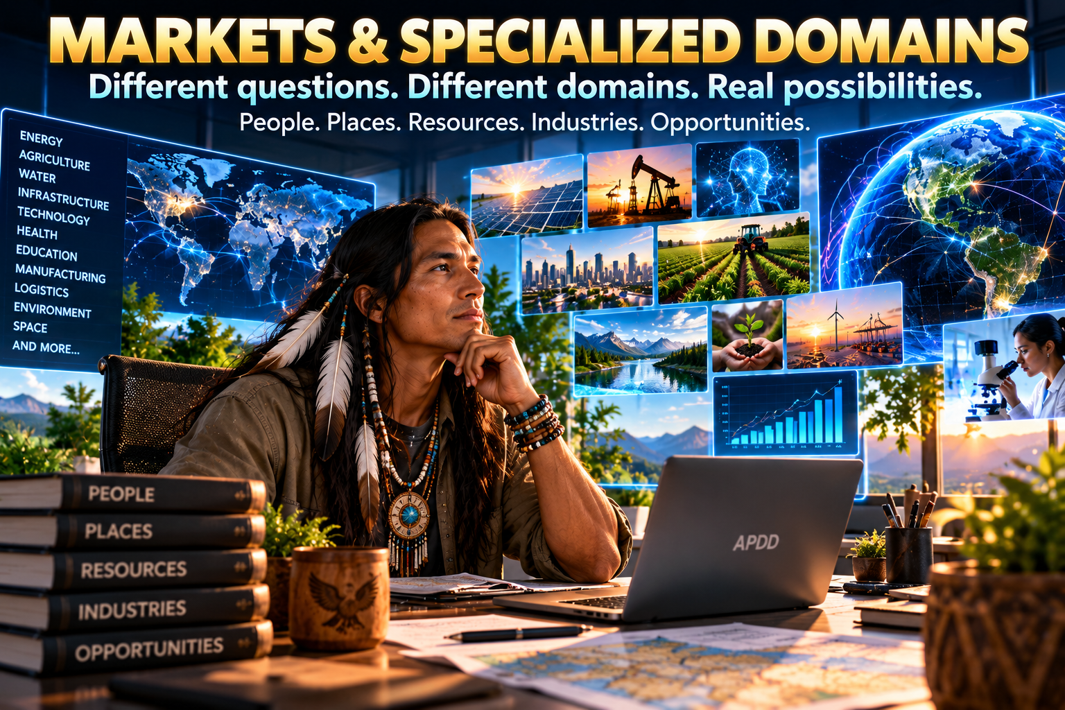 APDD Markets and Specialized Domains visual showing a Native American man examining relationships across people, places, resources, industries, markets and specialized fields