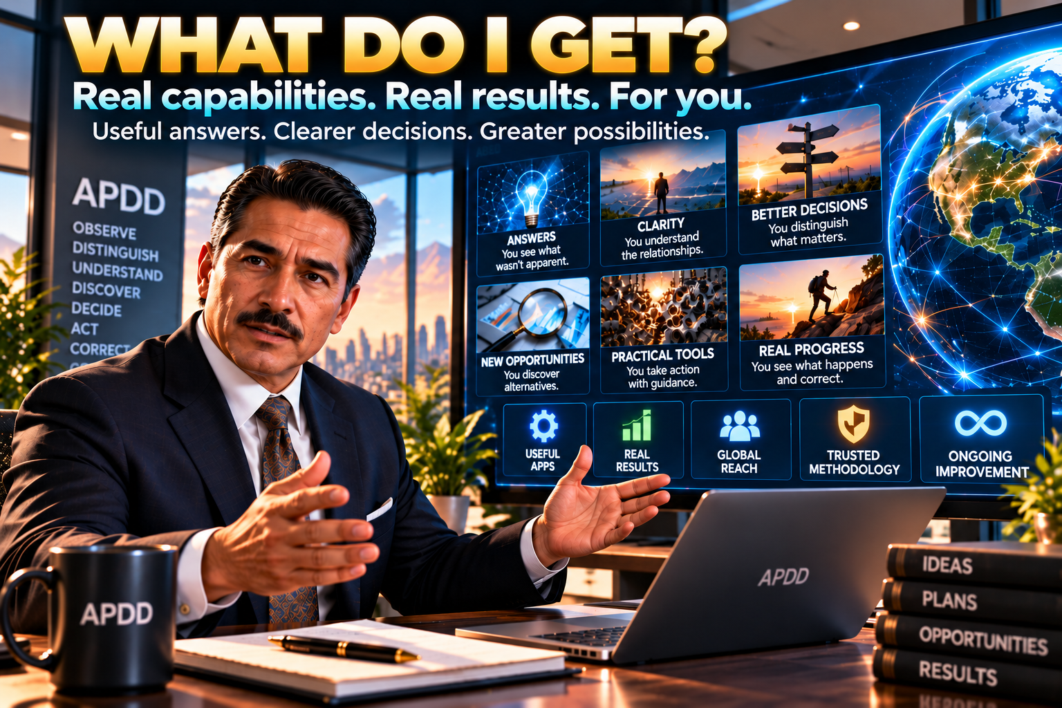 APDD What Do I Get visual showing a Mexican American businessman explaining practical results, clearer decisions, useful capabilities and next actions