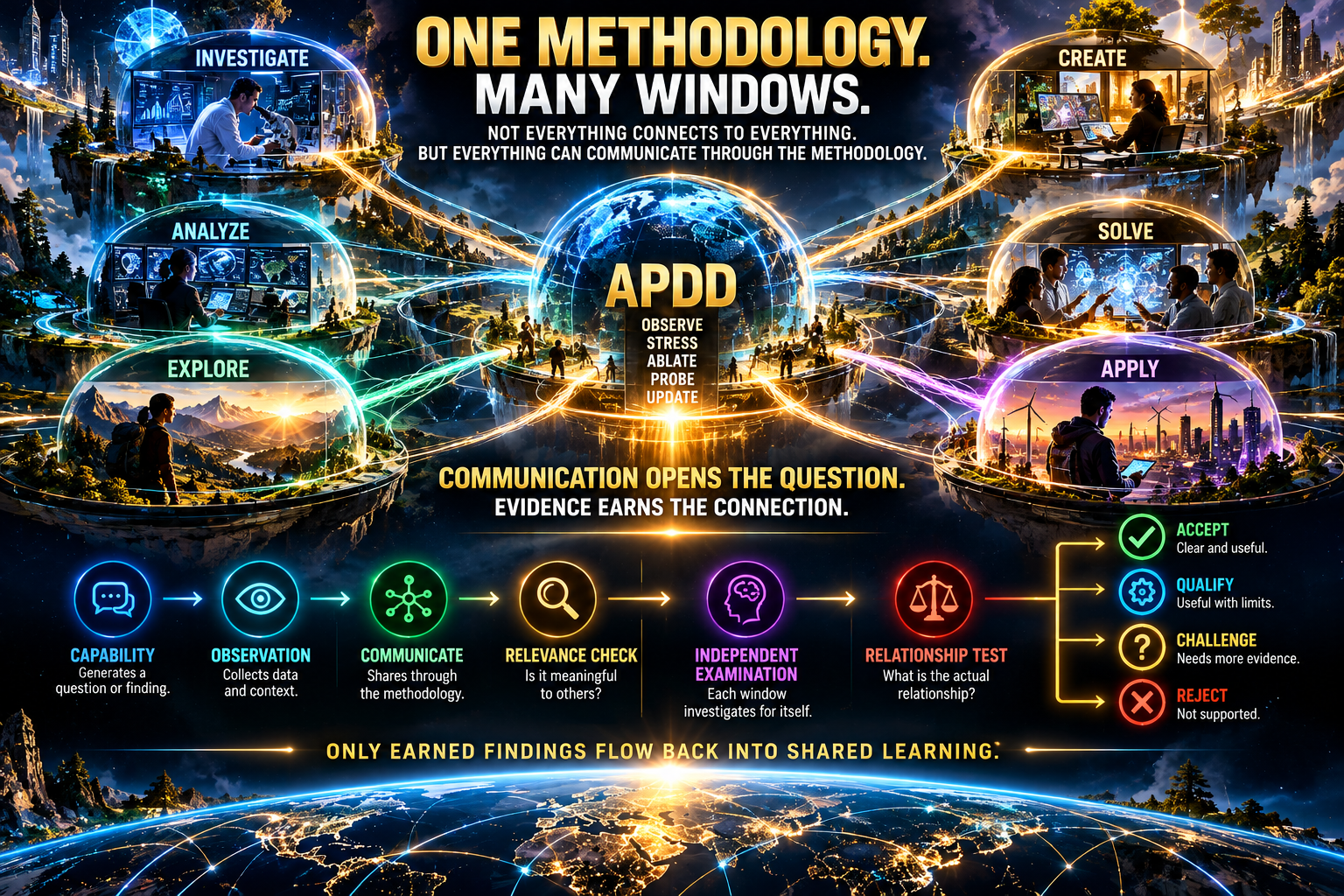 APDD capability windows communicate through a shared methodology, then pass observations through relevance checks, independent examination and relationship testing before findings are accepted, qualified, challenged or rejected