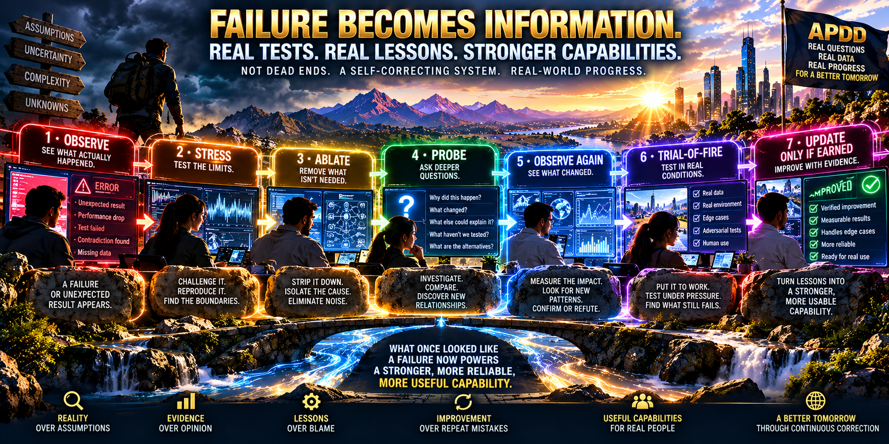 Failure becomes information through observation, stress, testing, correction and evidence-earned updating