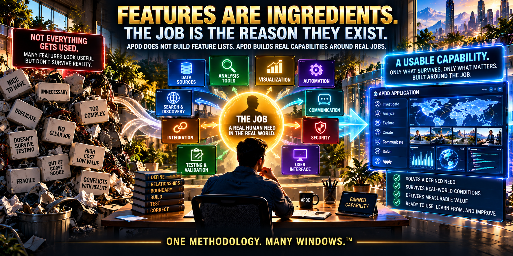 Features are ingredients: APDD selects useful functions around the human job instead of adding complexity for its own sake