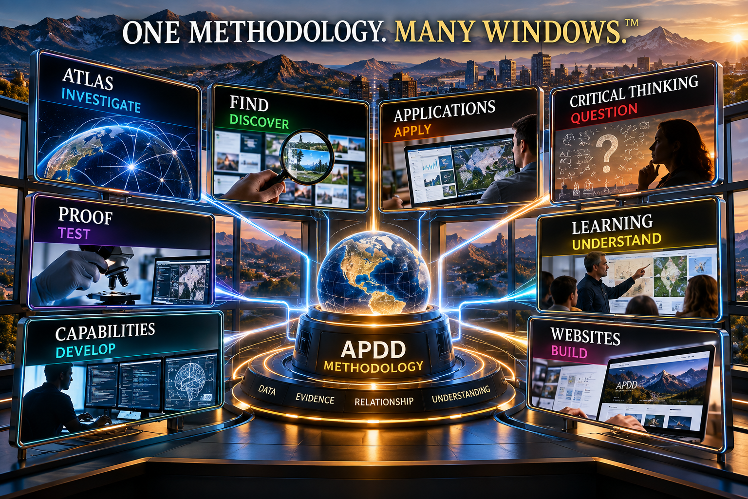 One Methodology. Many Windows: APDD methodology connecting investigative, discovery, application, critical thinking, proof, learning, capability development and website-building windows
