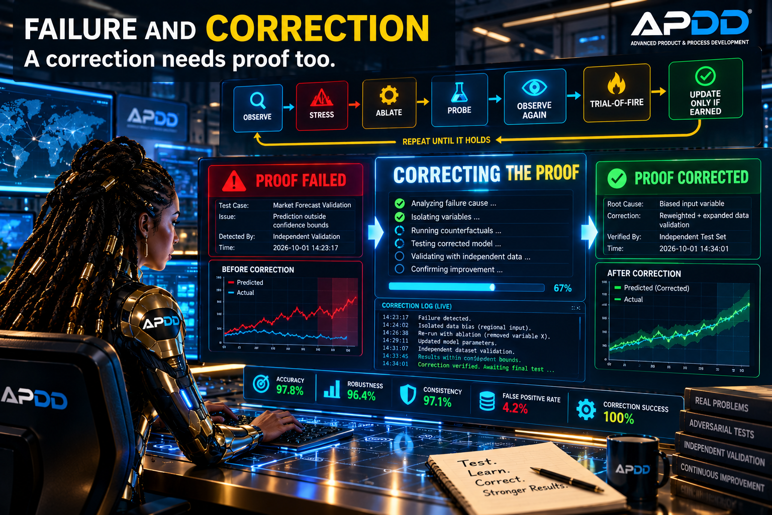 APDD Failure and Correction dashboard showing a failed proof being analyzed, corrected, retested and verified before the correction is accepted