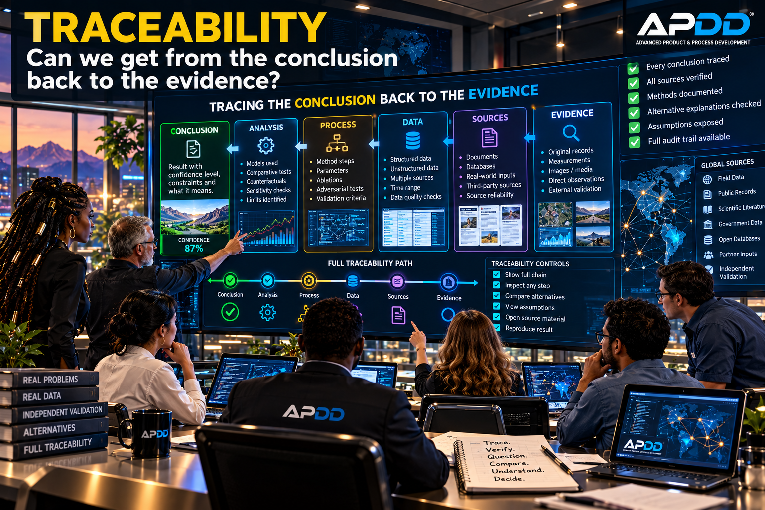 A diverse APDD team examining a giant traceability screen that follows a conclusion backward through analysis, process, data and sources to the supporting evidence