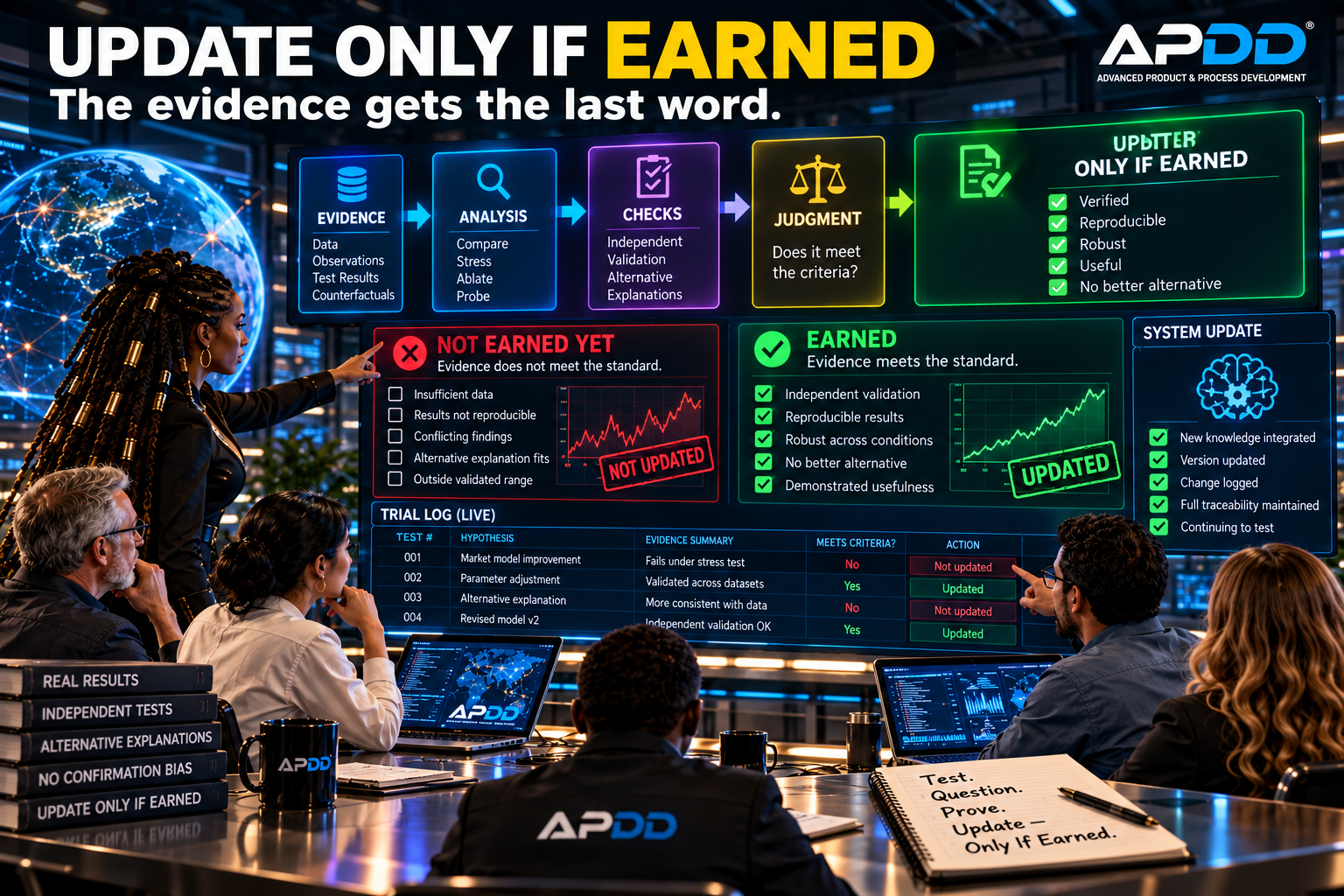 APDD command center showing evidence passing through tests, checks and judgment before an update is accepted only when earned