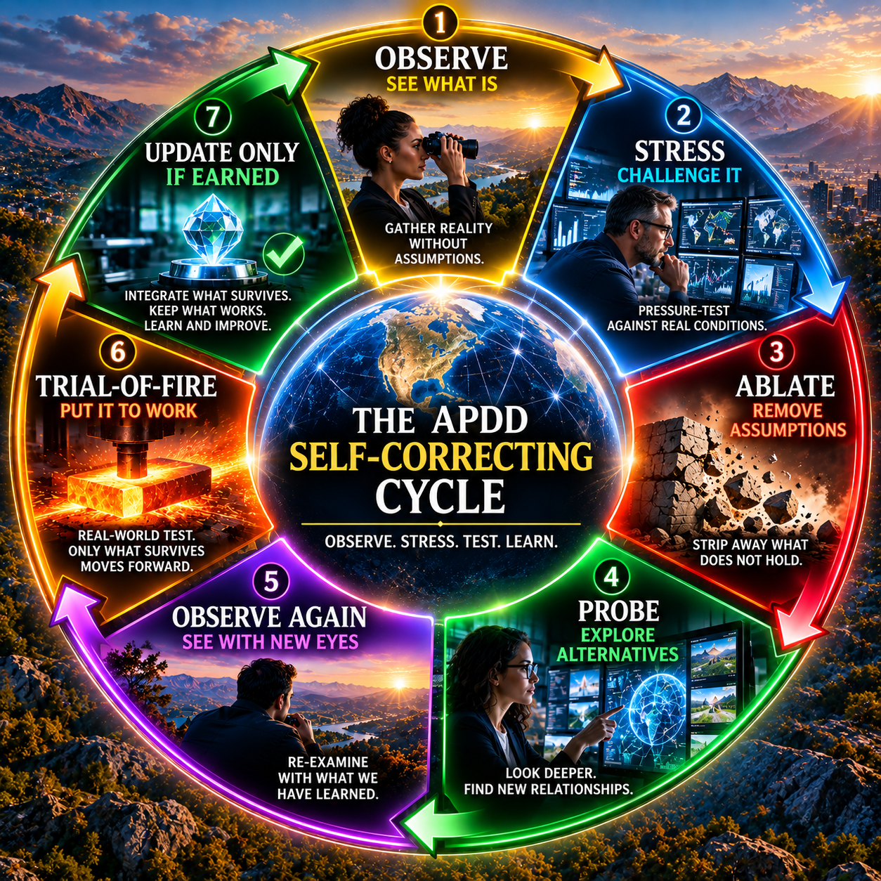 APDD self-correcting cycle: Observe, Stress, Ablate, Probe, Observe Again, Trial-of-Fire, Update Only If Earned, then return to Observe