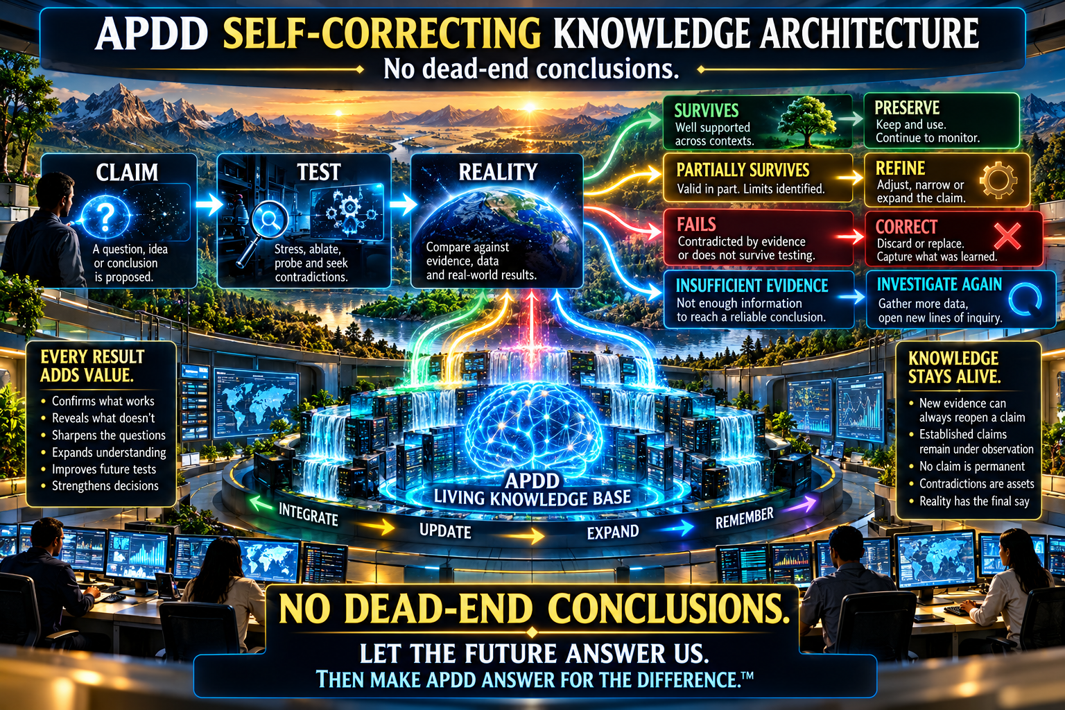 APDD self-correcting knowledge architecture showing claims tested against reality, then preserved, refined, corrected or investigated again as evidence earns the response