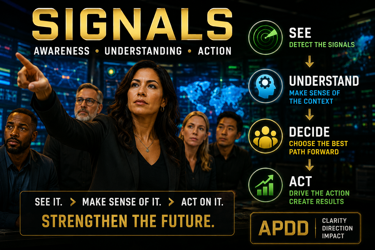 APDD progression visual: see signals, understand relationships, decide deliberately, and act where appropriate