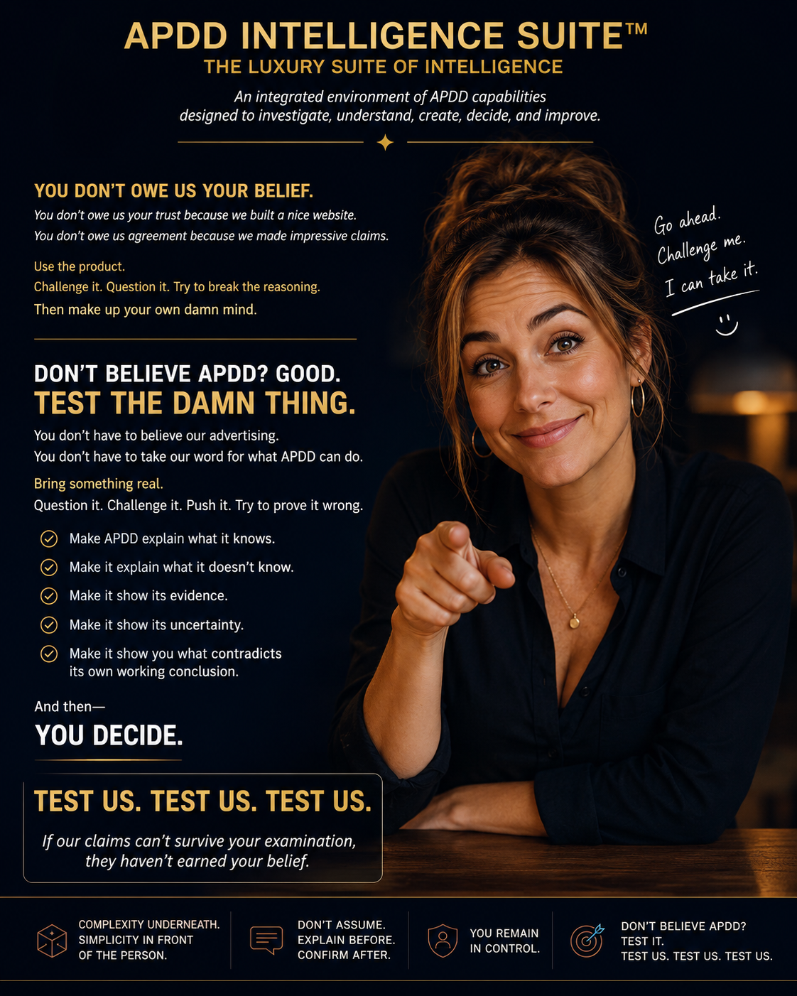 APDD Intelligence Suite  -  Test Us, Test Us, Test Us invitation to challenge APDD claims, evidence, uncertainty, and conclusions