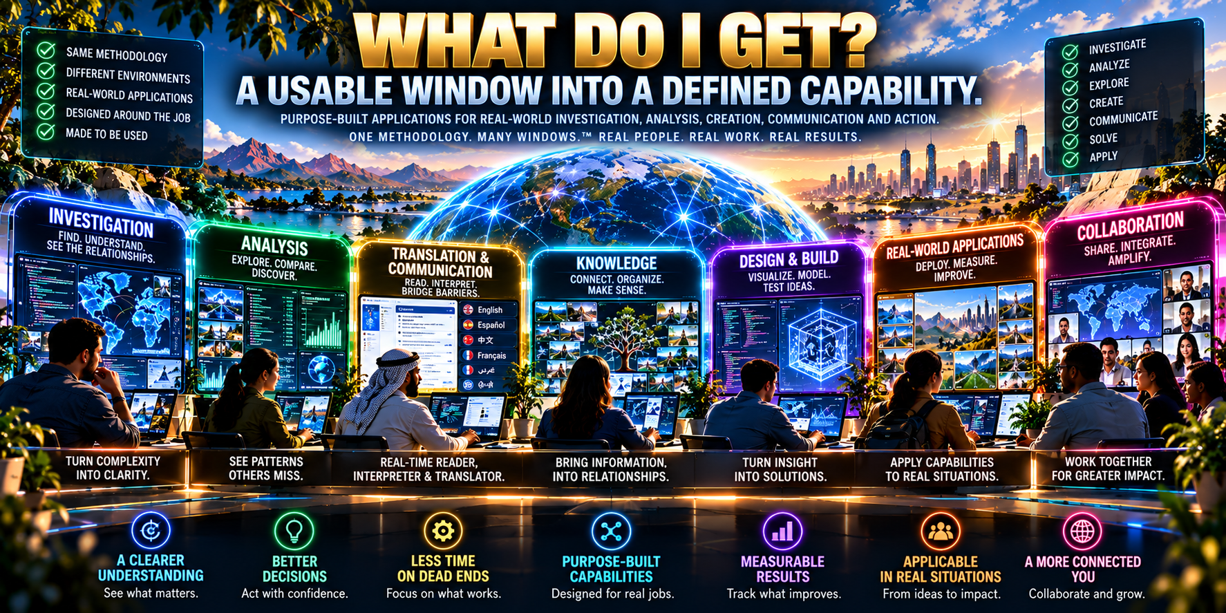 A usable window into defined APDD capabilities including investigation, analysis, translation, knowledge, design, real-world application and collaboration